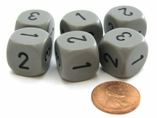 Opaque 16mm D3 Dice, 6 Pieces (6-Sided with 1-2-3 Twice) - Grey with Black