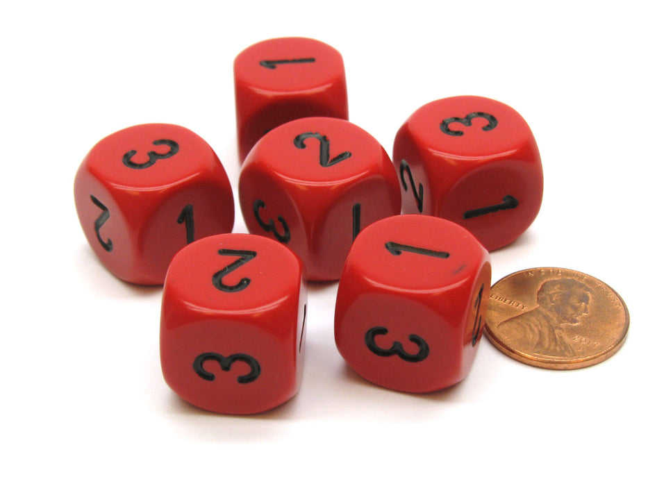 Opaque 16mm D3 Dice, 6 Pieces (6-Sided with 1-2-3 Twice) - Red with Black