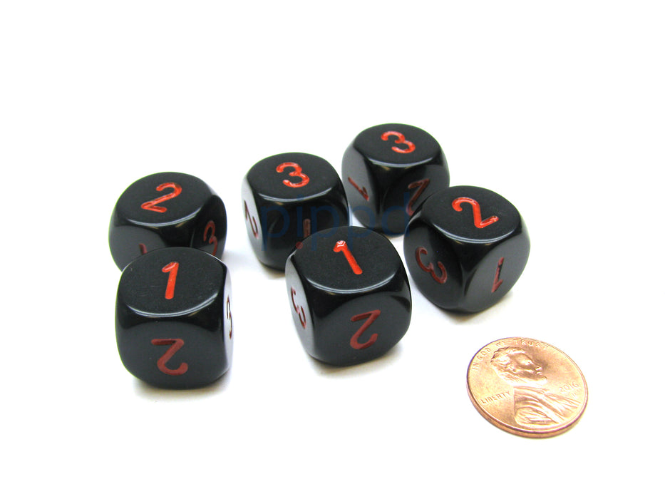 Opaque 16mm D3 Dice, 6 Pieces (6-Sided with 1-2-3 Twice) - Black with Red