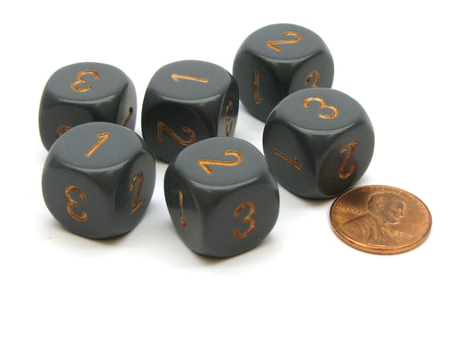 Opaque 16mm D3 Dice, 6 Pieces (6-Sided with 1-2-3 Twice) - Dark Gray with Copper