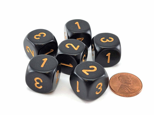 Opaque 16mm D3 Dice, 6 Pieces (6-Sided with 1-2-3 Twice) - Black with Gold