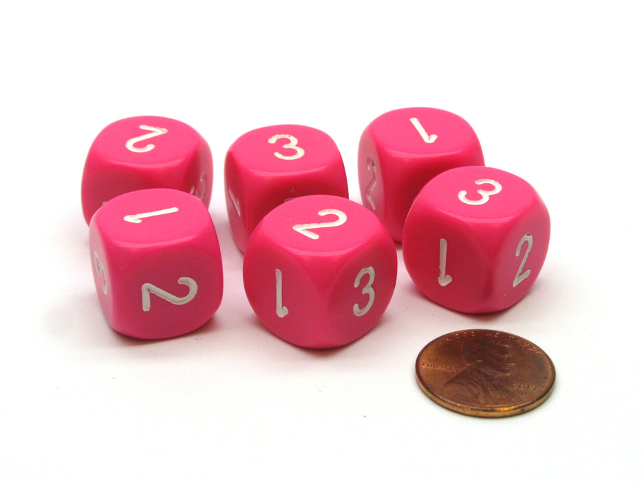 Opaque 16mm D3 Dice, 6 Pieces (6-Sided with 1-2-3 Twice) - Pink with White