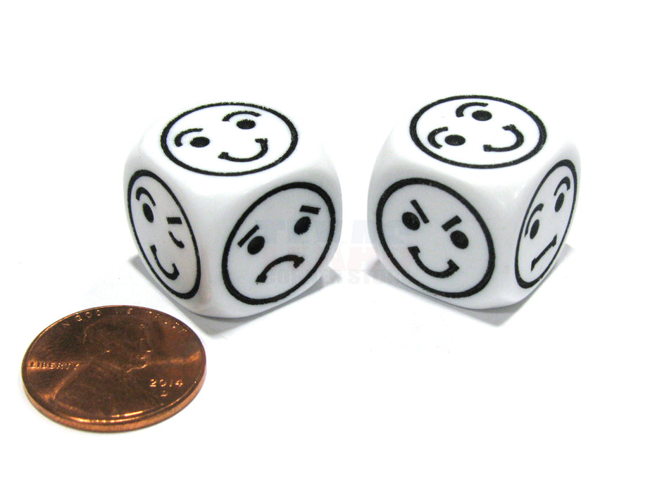 Set of 2 18mm 6-Sided Happy Sad Angry Playful Smiley Face Dice- White with Black