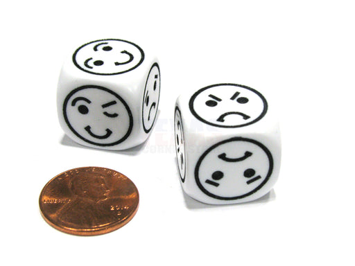 Set of 2 18mm 6-Sided Happy Sad Angry Playful Smiley Face Dice- White with Black