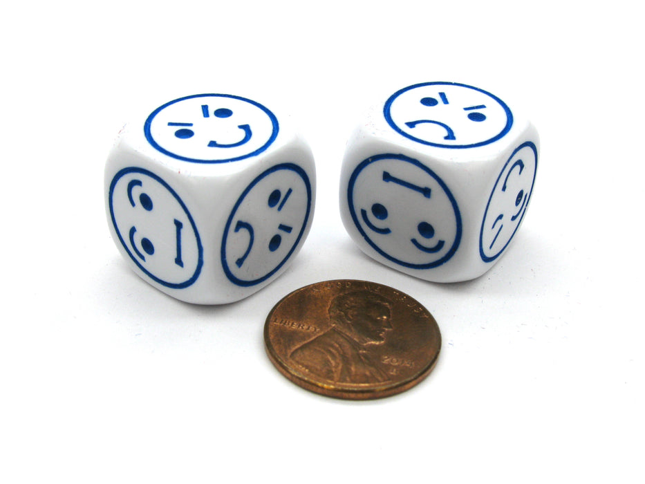 Set of 2 18mm 6-Sided Happy Sad Angry Playful Smiley Face Dice - White with Blue