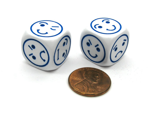 Set of 2 18mm 6-Sided Happy Sad Angry Playful Smiley Face Dice - White with Blue