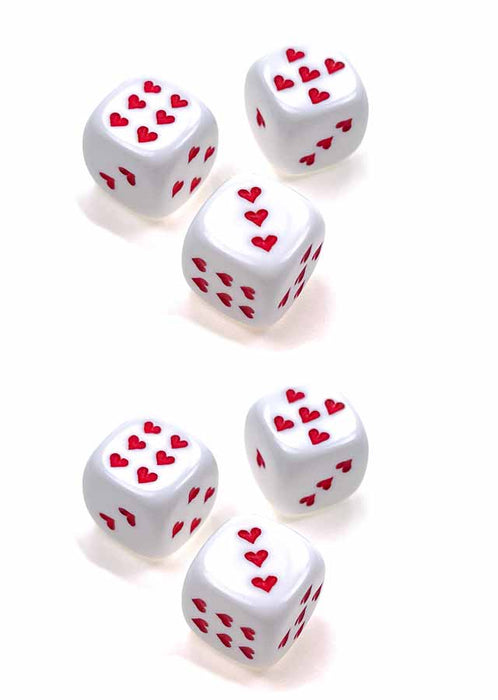 Pack of 6 Heart Dice, Opaque 16mm D6 Chessex Dice - White with Red Hearts
