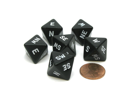 Compass Cardinal Direction D8 Chessex Dice, 6 Pieces - Black with White Letters
