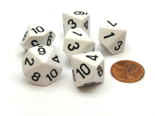 Opaque 16mm 10 Sided D10 Dice Numbered 1 to 10, 6 Pieces - White with Black
