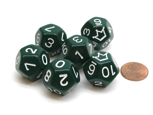 Opaque 20mm D12 Custom Chessex Dice, 6 Pieces - Green with White Crown