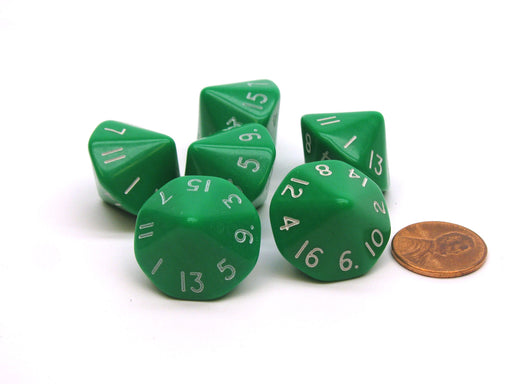 Opaque 17mm 16 Sided D16 Chessex Dice, 6 Pieces - Green with White Numbers