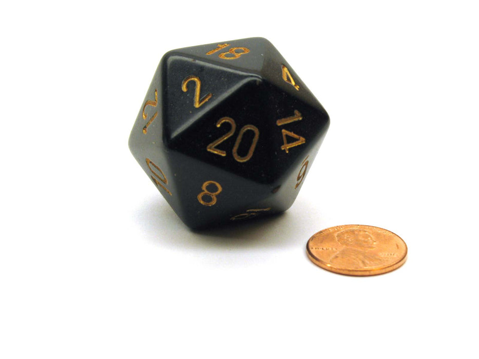 34mm Large 20-Sided D20 Opaque Chessex Dice, 1 Die - Black with Gold Numbers