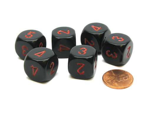 Opaque 16mm D6 Averaging Dice (2-3-3-4-4-5), 6 Pieces - Black with Red Numbers